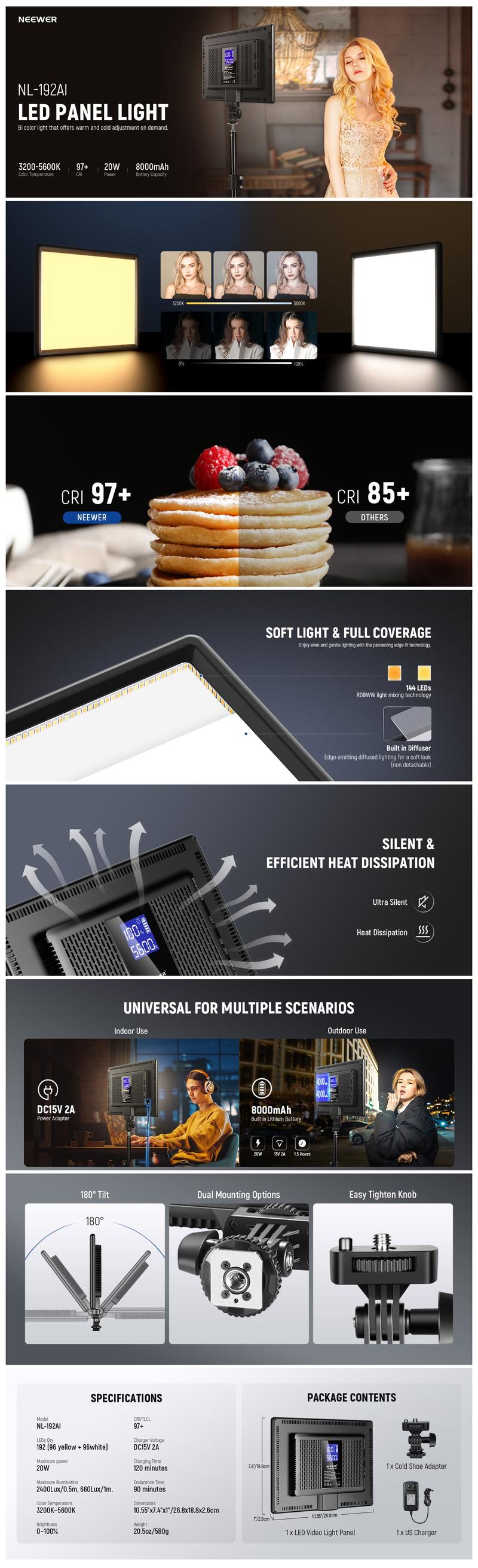 NEEWER 192 LED Video Light Panel, 19.5W Ultra Thin Bi Color Dimmable DSLR Camera Soft Light with 8000mAh Built in Lithium Battery, 3200-5600K CRI95+ for Photography Video Recording Live Streaming