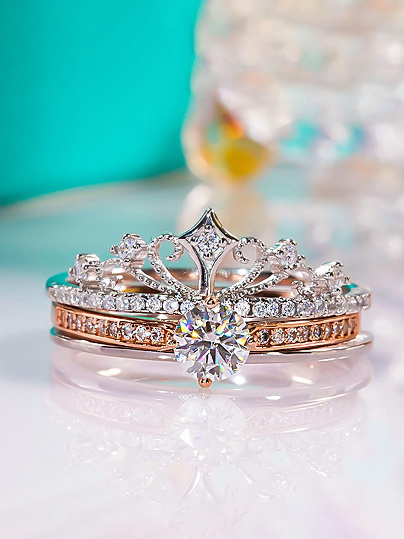 Fireworks Castle Ring Princess Sparkling Crown Ring Stackable Double-Layer Two-in-One Adjustable Rose Gold Versatile, Engagement/Wedding Ring, Exquisite Jewelry Gift, for Wife, Girlfriend, Family, Delicate Christmas, Valentine's Day, Anniversary Gift