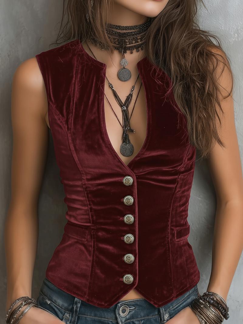 Women's Fashion American Vintage V-Neck Vest, Spring & Fall Sleeveless Top, Plain Pattern, Cropped Length, Casual Wear