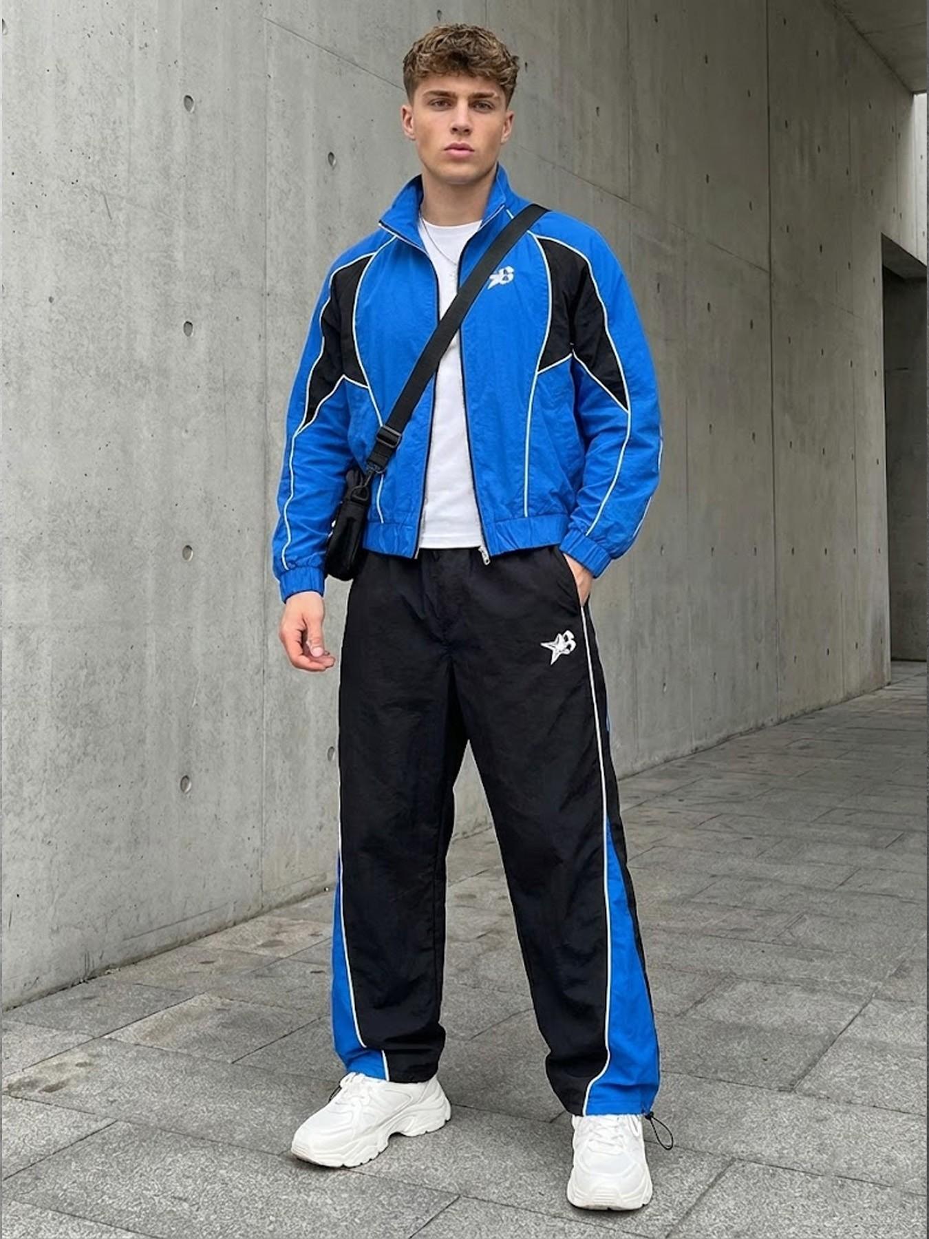 ジャケット・アウター 00s set up track jacket pants b-boy y2k Y2K Retro Motorcore Blue Color-Block Casual Loose Tracksuit Set