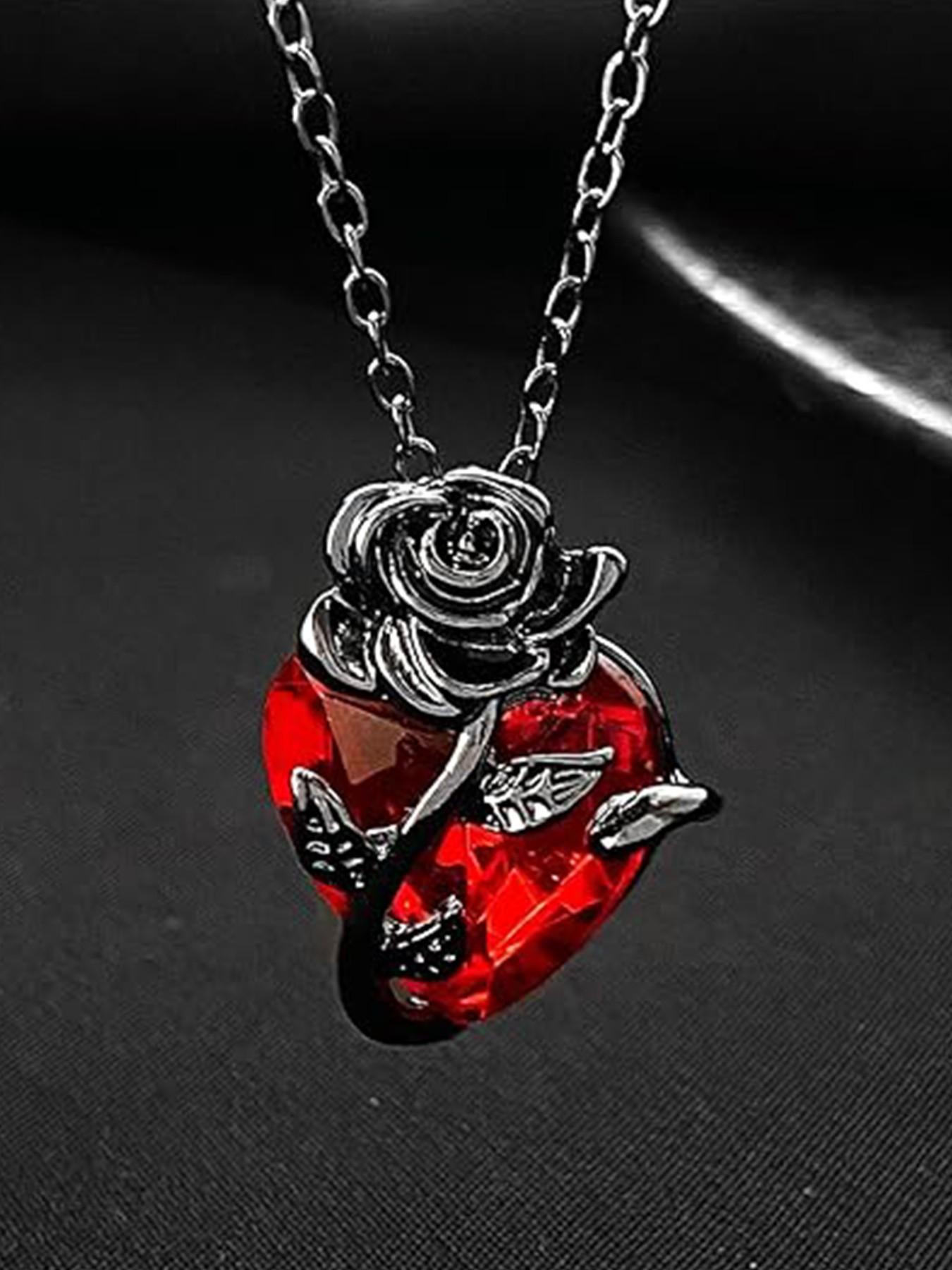 Gothic Necklace for Women, Vintage Goth Rose Crystal Necklace, Heart Pendant Necklace, Halloween Jewelry Gifts
