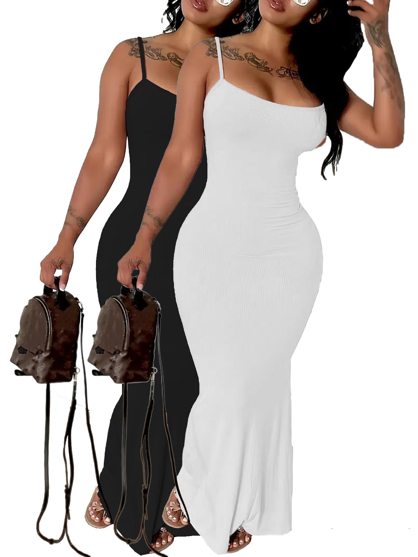 2-Pack Sleeveless Maxi Dress, Elastic Striped Design – Spring/Summer Casual Spaghetti Strap Dress, Slim Fit, Fiber Fabric