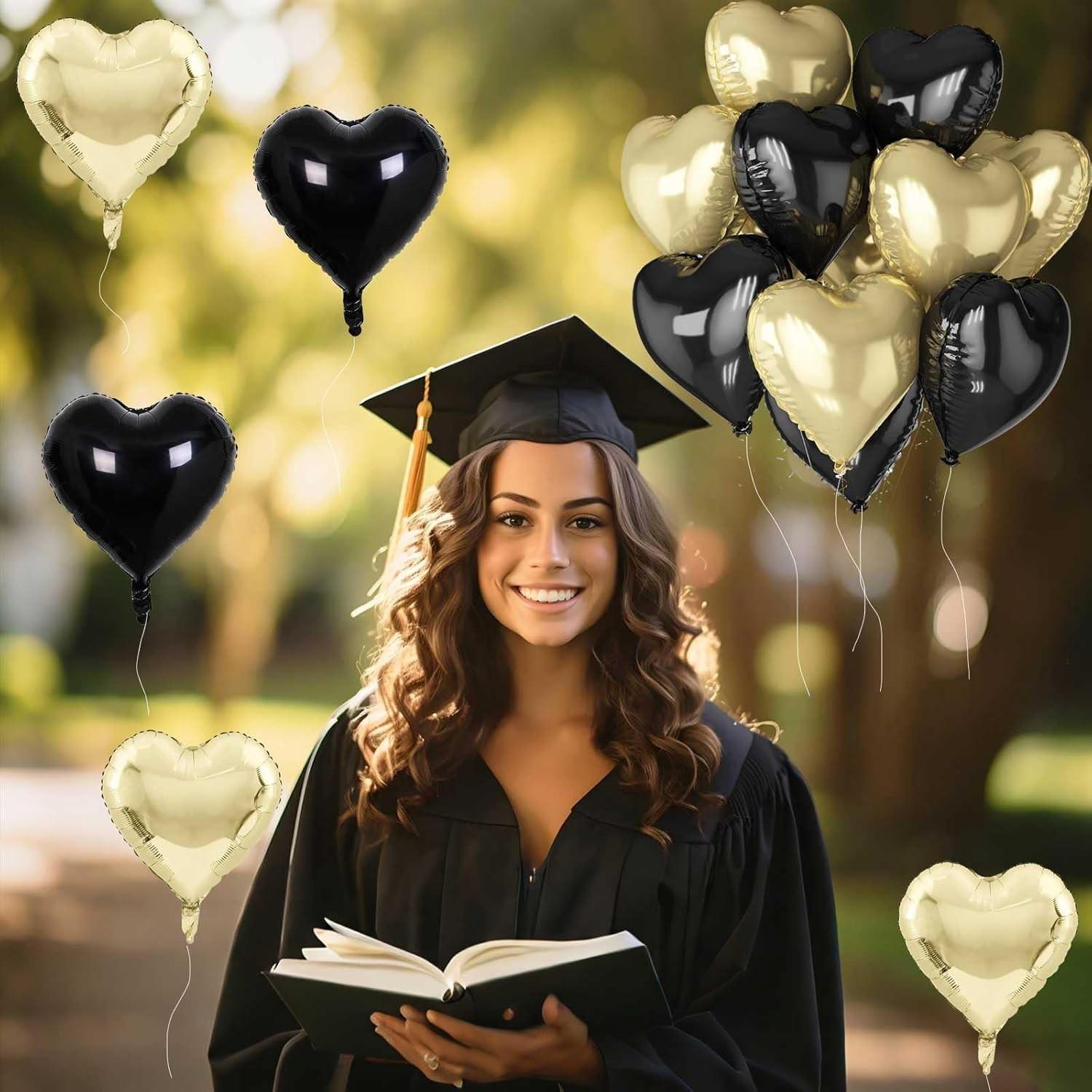 Black gold aluminum foil heart-shaped balloons, 18 inch 10 pack heart-shaped balloons with two accessories, suitable for occasions such as birthdays, graduation ceremonies, Valentine's Day, baby parties, anniversaries, etc.