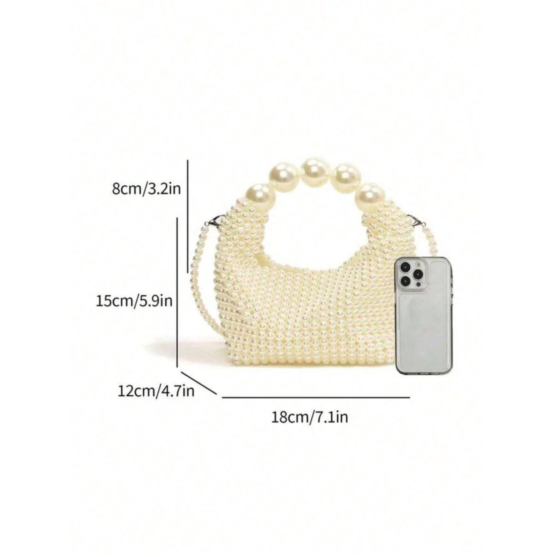 Gorgeous All-over White Pearl Beaded Handheld Evening Bag, Mini Woven Cocktail Party Clutch, Elegant Wedding Clutch, White Woven Purse, Big Chunky Pearl Ring Top Handle Mini Bead Tote Purse, Elegant Pearl Handbag for Bridal Wedding Dinner Party Night Out