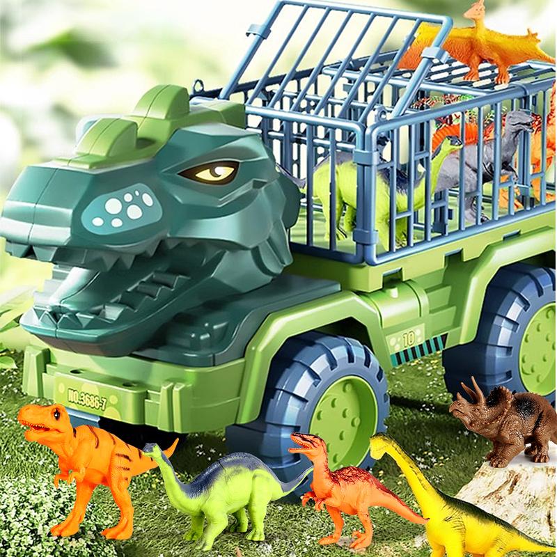 Dinosaur Transport Truck, Tyrannosaurus Rex Toy Car Set, Featuring Simulated Dinosaurs ( Random), Dinosaur Eggs, Trees, and Maps,Gift for Boys and Girls 3-5 Years