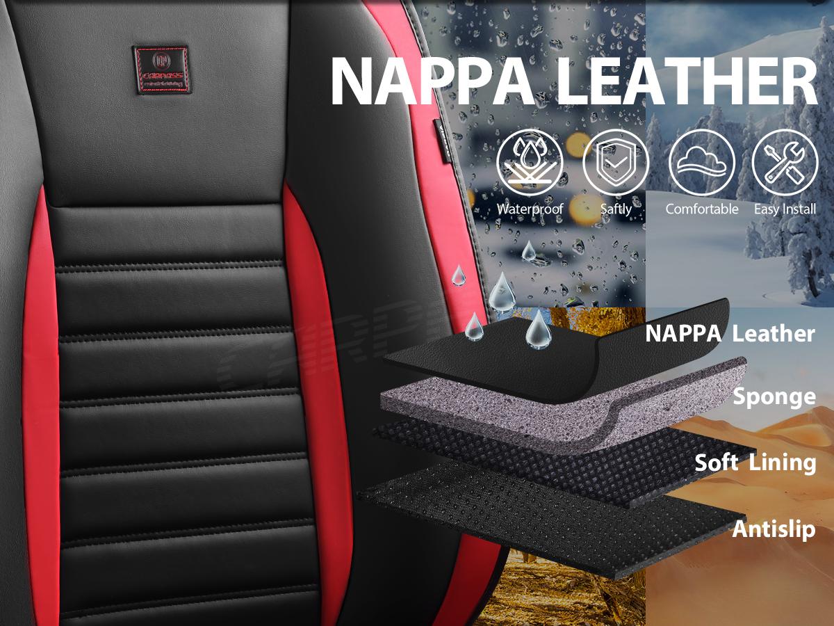 CAR PASS Leather Car Seat Cover Front Seat, Luxury Seat Protector for Cars, Waterproof Anti-Slip Seat Cushion Armrest Compatible Airbag Universal for Sedan SUV Pick-up Truck Auto, Black&Red 1 Count