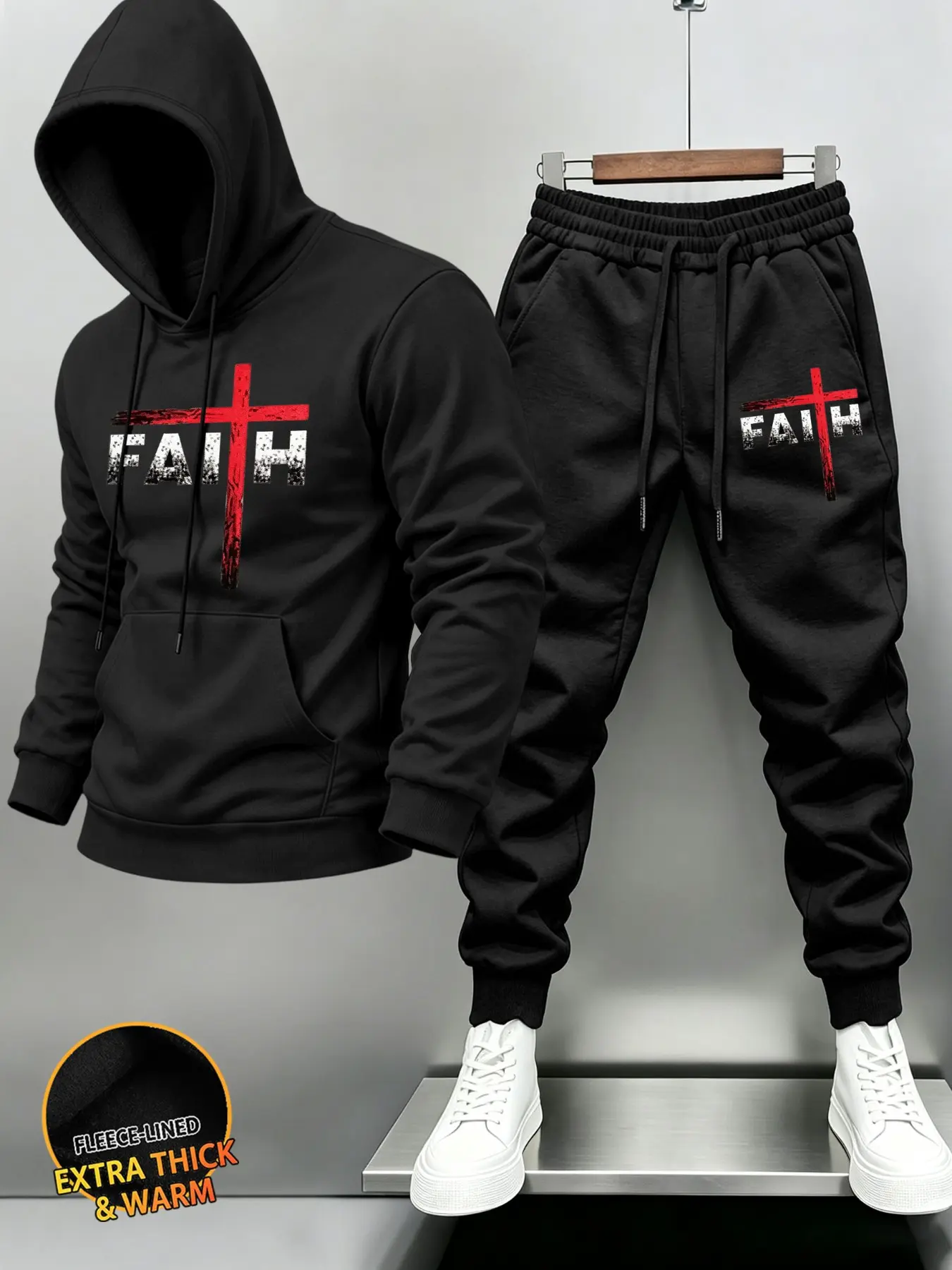 Men Thick Warm Fleece 2Pcs Outfit, Faith Cross Distressed Letter Print Hooded Sweatshirt and Jogger Pant Set#MensStreetwear #FaithWear #TracksuitSet #MensOOTD #ChristianClothing #WinterOutfit