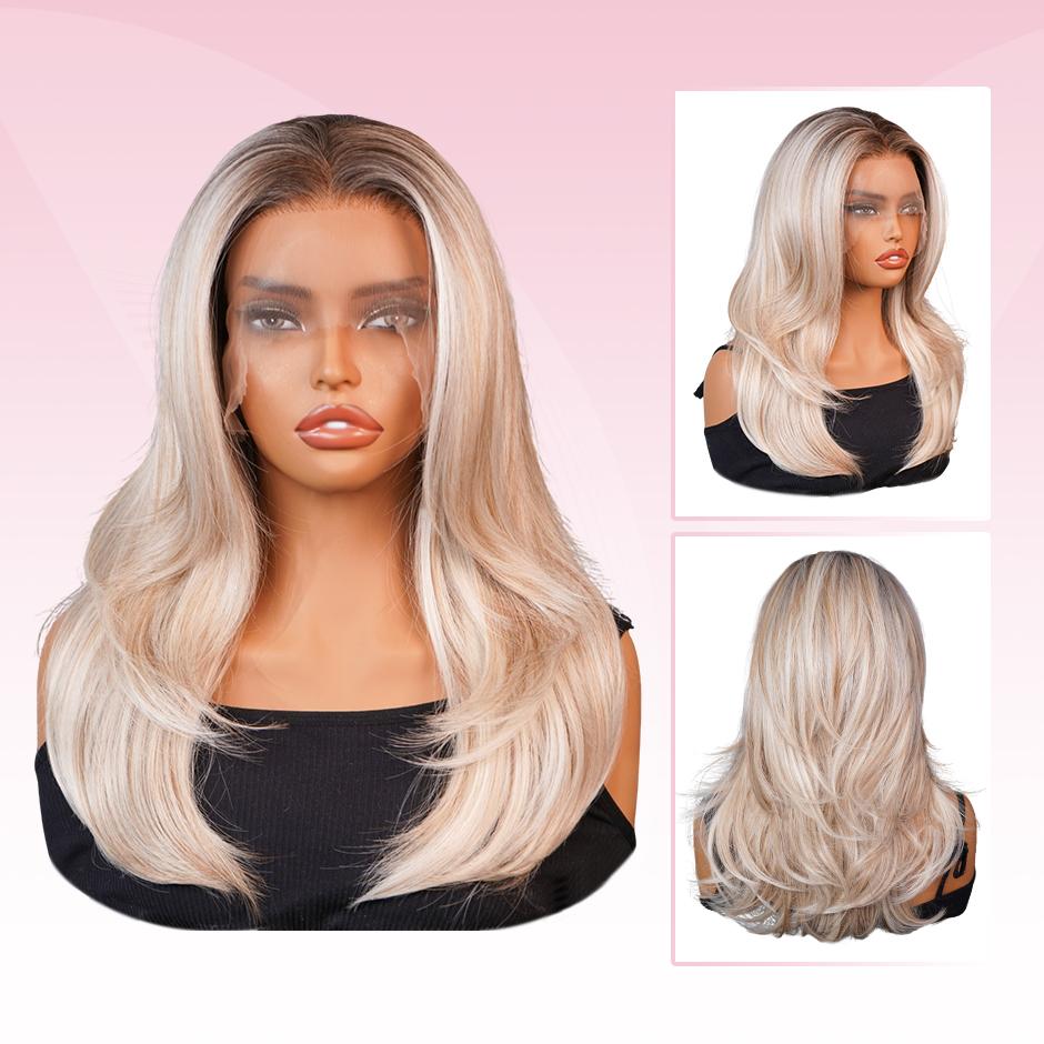 VSGIN 13*6 Blonde Highlight Synthetic Lace Wig Ombre Honey Brown and Blonde Color Synthetic Heat Resistant Fiber Realistic Appearance Bob Style and Long Wave Style