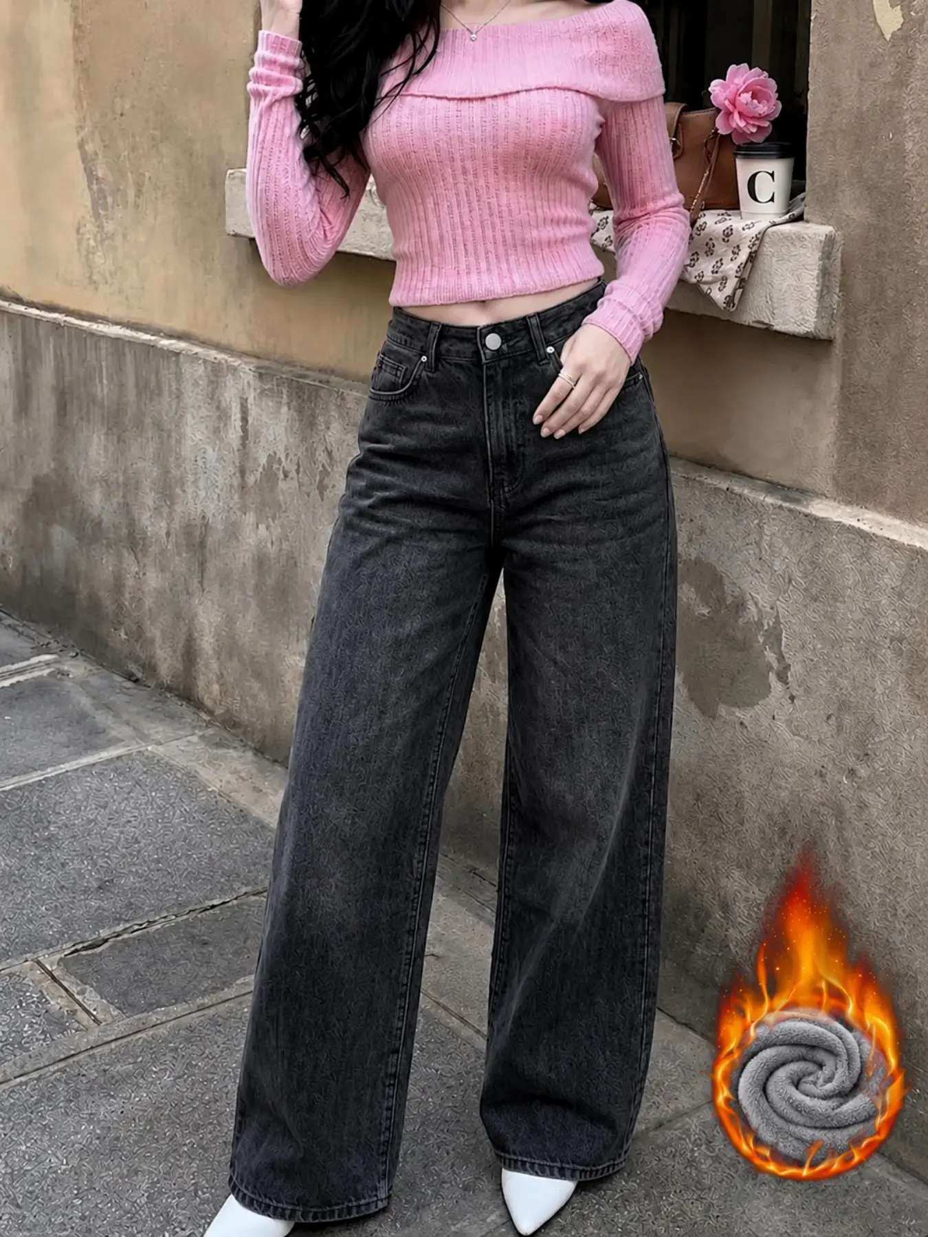 Molypark Women's Fleece Lined Wide Leg Jeans, High Waisted Washed Black Denim Pants, Thick Warm Baggy Jeans for Fall Winter