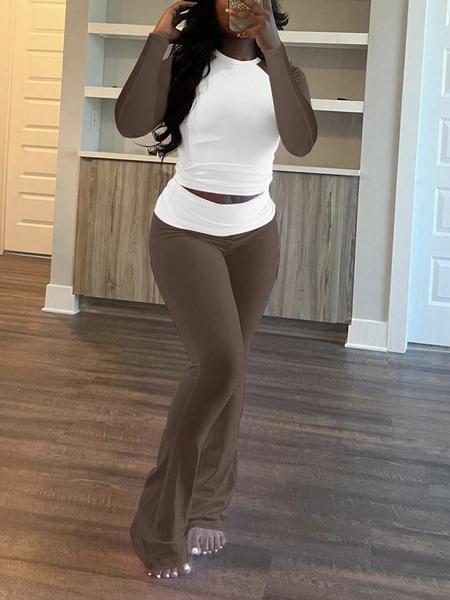 Women's Casual Round Neck Long Sleeve Colorblock Patchwork T-Shirt and Pants Set, Spring & Fall Fitted, 2 Piece Set