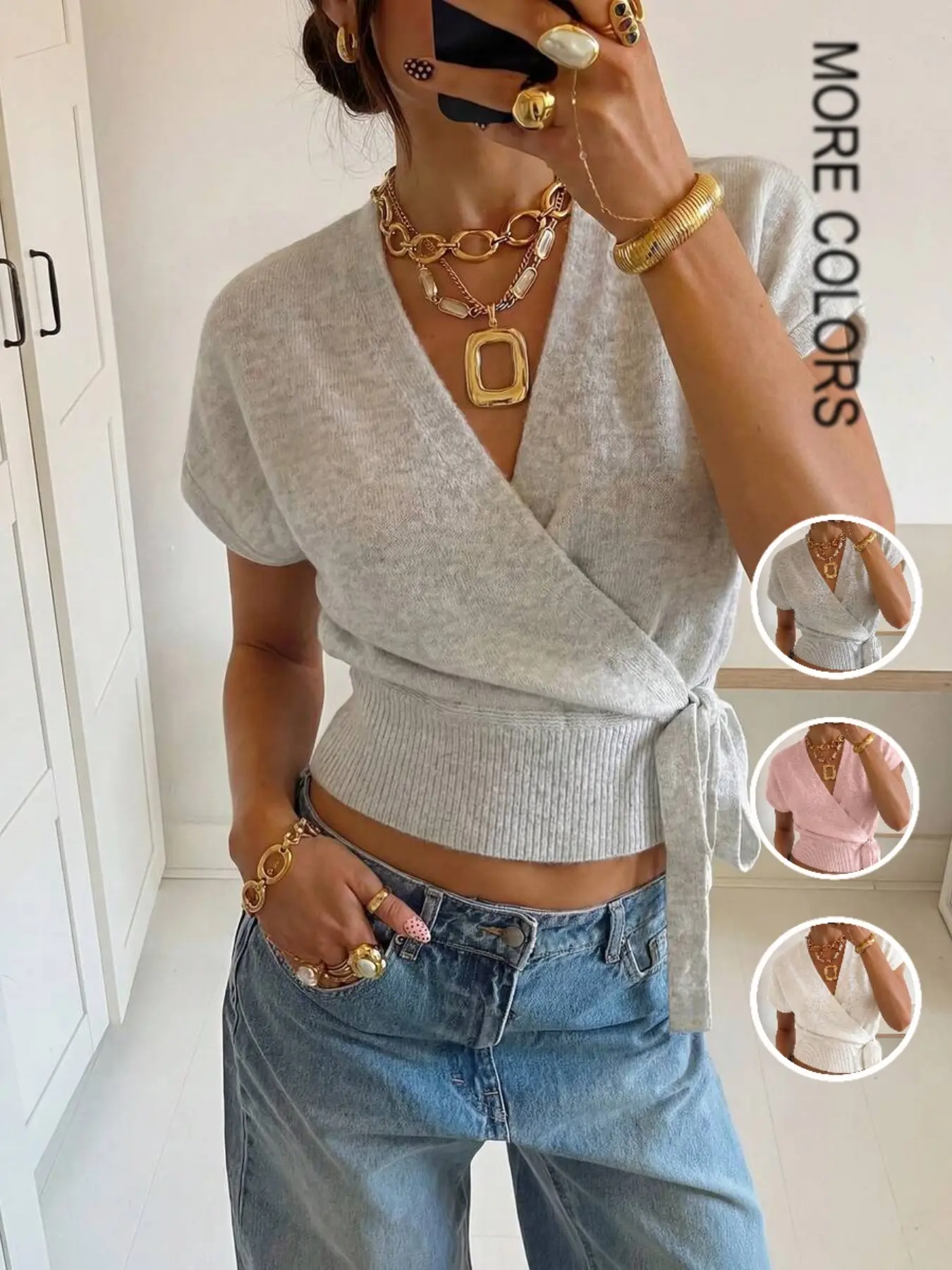 Elegant Cross V-Neck Knit Tank Top, Short Sleeve Casual Sweater, Slim Fit Comfortable Fashion, Women's Stylish Knitted Shirt