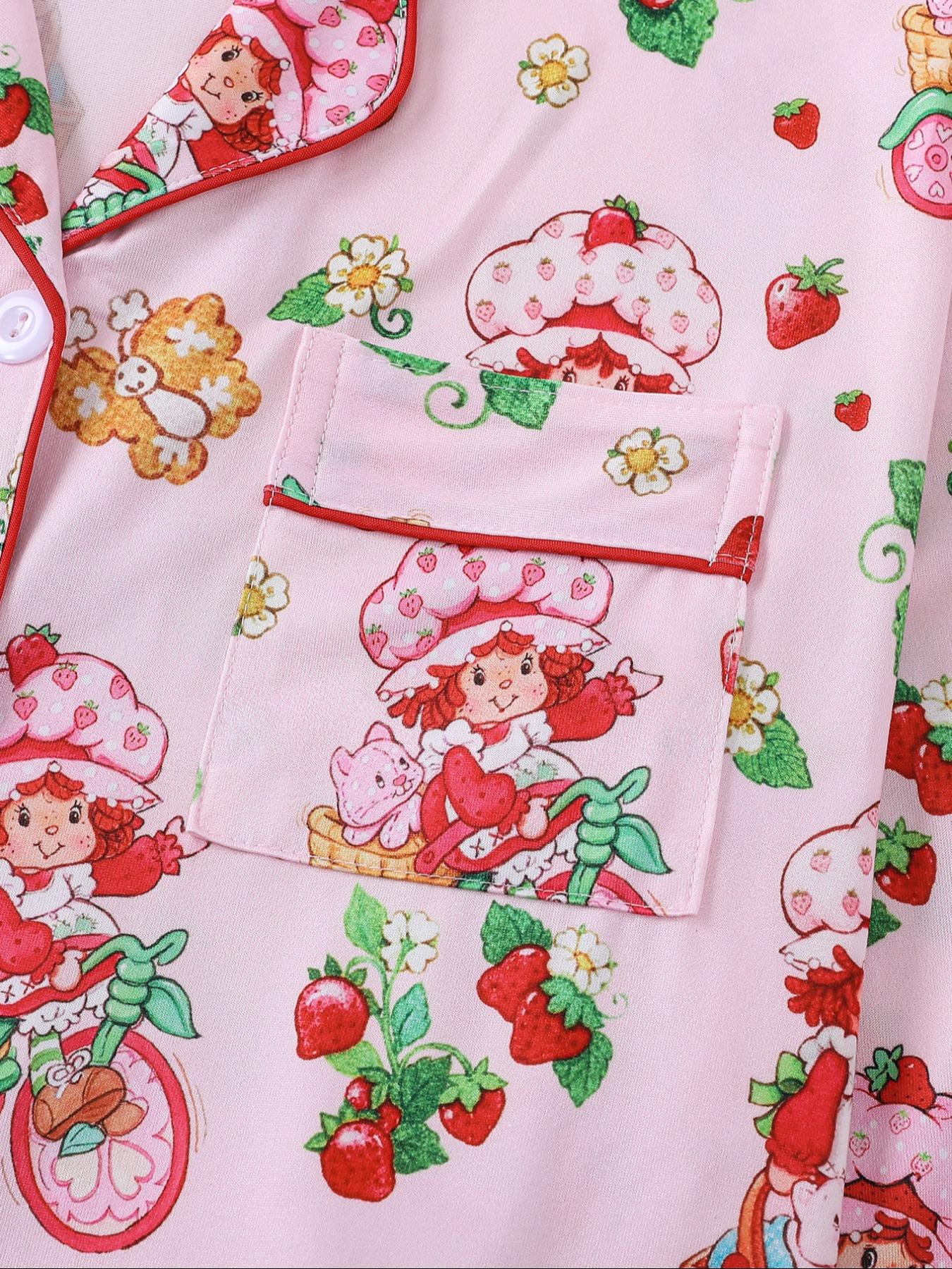 Women's Strawberry Pattern Print Sleepwear Set, Long-Sleeve Button-Up Top & Elastic-Waist Pants, Casual Fall Winter Pajamas, Comfortable Home Wear