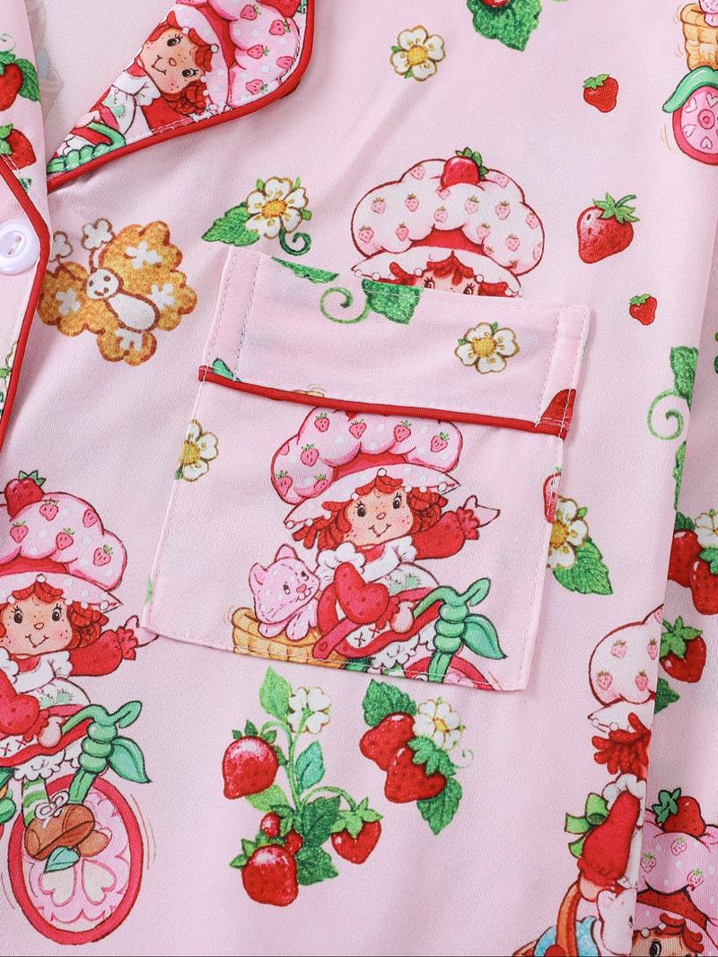 Women's Strawberry Pattern Sleepwear Set, Long-Sleeve Button-Up Top & Elastic-Waist Pants, Casual Fall Winter Pajamas, Comfortable Home Wear