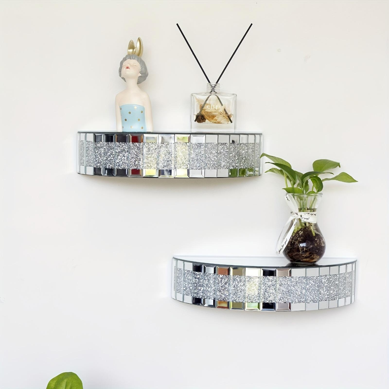 1Pc Semicircular Mirrored Floating Shelves for Wall Decor Storage, Glamorous Crystal Crush Diamond Decorative Wall Shelf, Glitter Glass Wall Mounted Shelves for Bedroom, Living Room, Bathroom, Kitchen, Office and More,  Silver