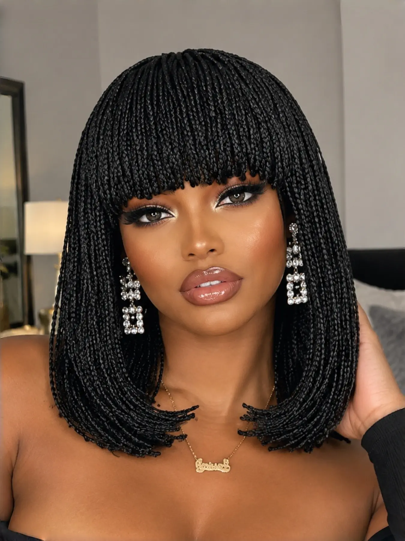 Braids Bob Wig for Women Short Bob Wig Tiny Box Braided Wig with Bangs Synthetic Black Cornrow Braided Wigs for Women Black to Brown 14inch Wig