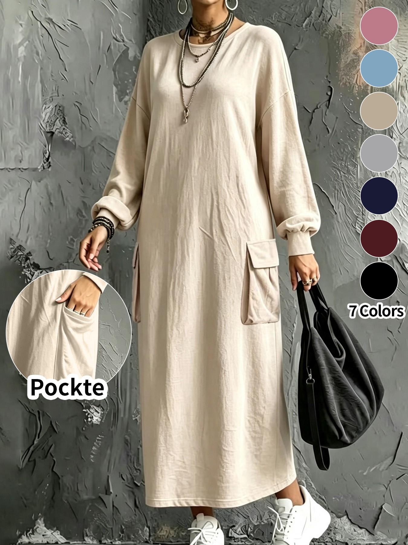 Plus Size Women's Casual Workwear Pocket Sweatshirt Dress, Long Sleeve Hiding Belly Lazy Girl Dress, Daily Home Outdoor Wear Basic