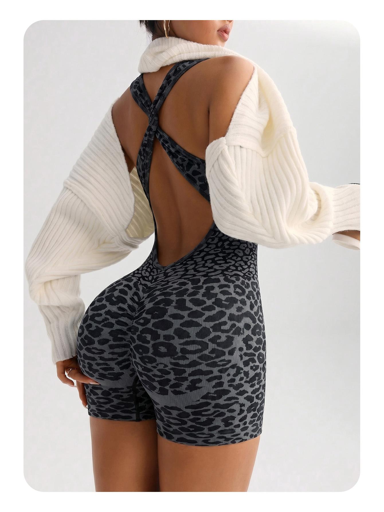 Summer Seamless Leopard Print Yoga Jumpsuit, Cross Back Sporty One-Piece, High Waist Compression Wear, Above Knee Length, All Seasons, Fit Jumpsuits, Sleeveless Yoga Jumpsuit, Tight Fitting Jumpsuit