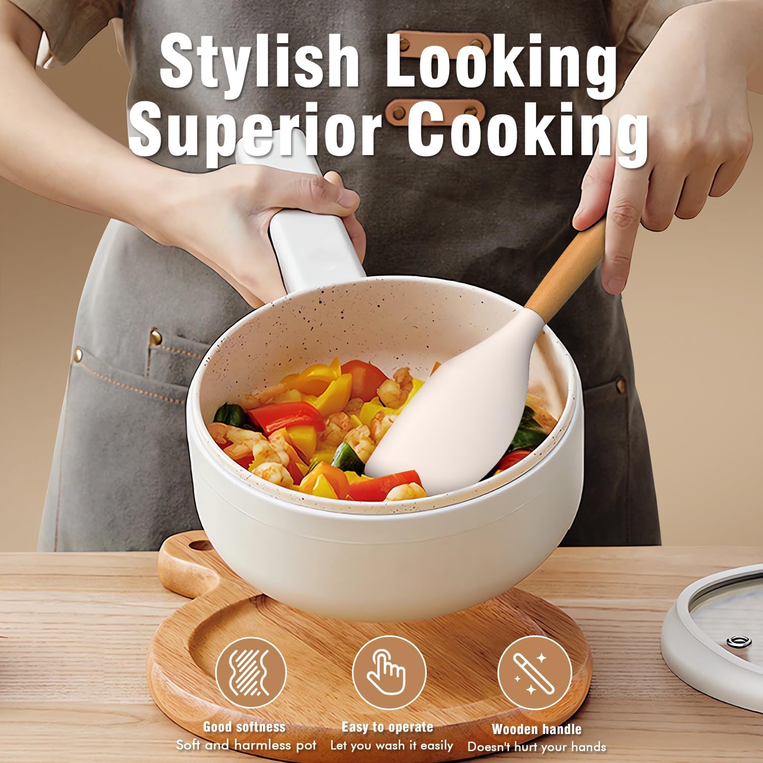 Cooking Utensils Set -   Kitchen Utensils for Cooking Wooden Handles, 446°F Heat Resistant Kitchen Utensil Spatula Sets w Holder, Gadgets for Non-Stick Cookware  (Khaki)