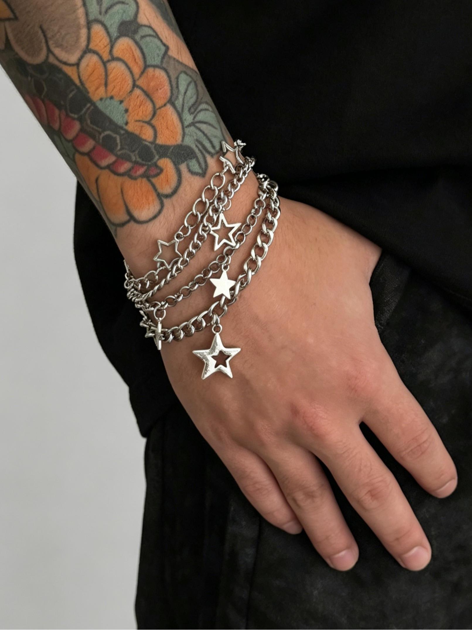 Men's Hip Hop Style Hollow Out Star Stackable Fashion Bracelet Set, Casual Vintage Design Daily Party Metal Bracelets Gift, Layered Bracelet Set