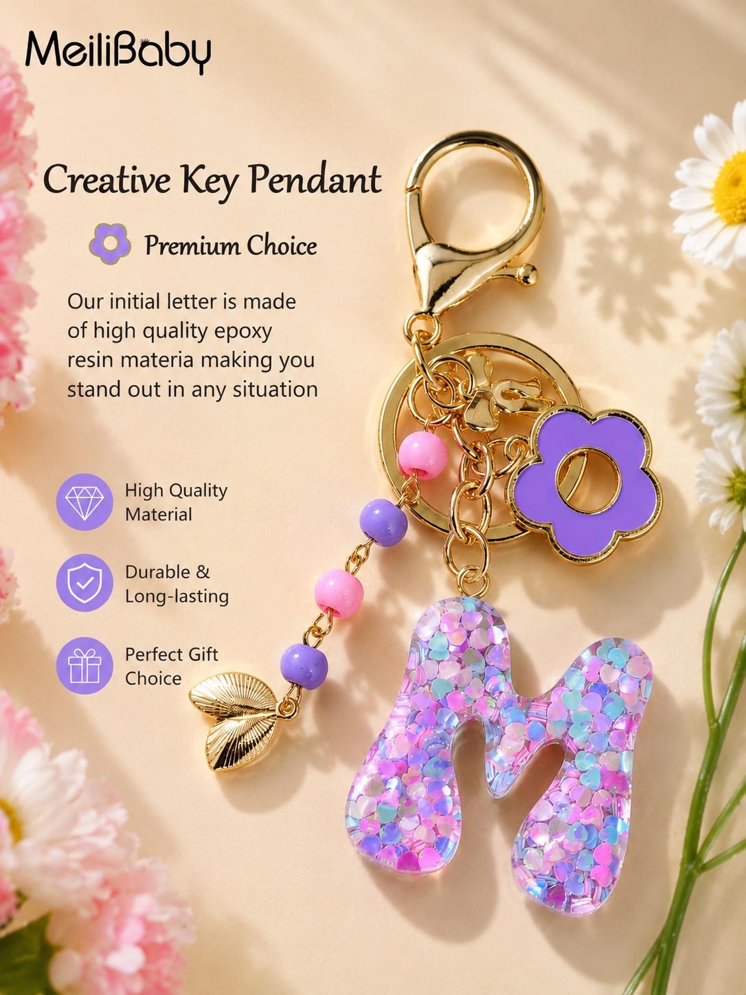 Floral Letter Keychain, Sparkly Tassel Pendant, High-End Unique Design, Birthday Gift for Couples, Student Backpack Charm, Car Key Decor