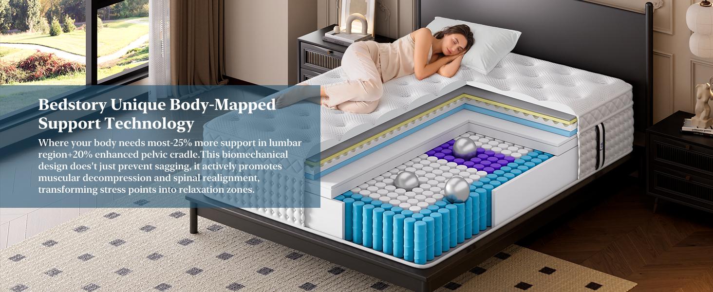 BedStory 14 Inch Queen King Mattress - Extra Lumbar Support - Medium Firm Memory Foam Hybrid Mattress with Pocket Springs, Fiberglass Free