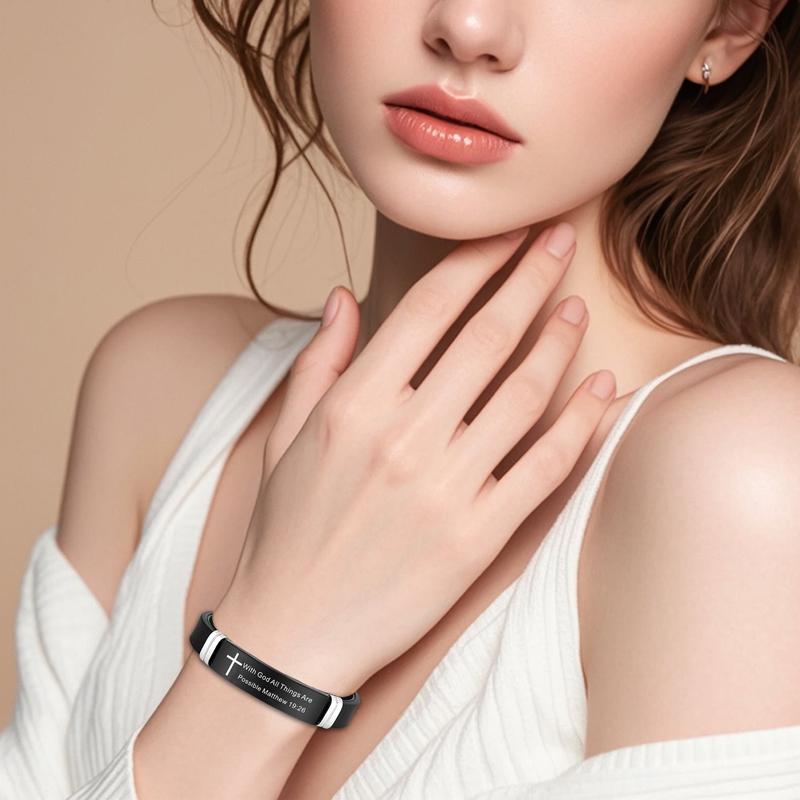 Inspirational Quote Bible Verse Cross Bracelets Faith Christian Silicone ID Wristband Religious Gifts for Men Women Stainless Steel Rubber Adjustable Bracelet