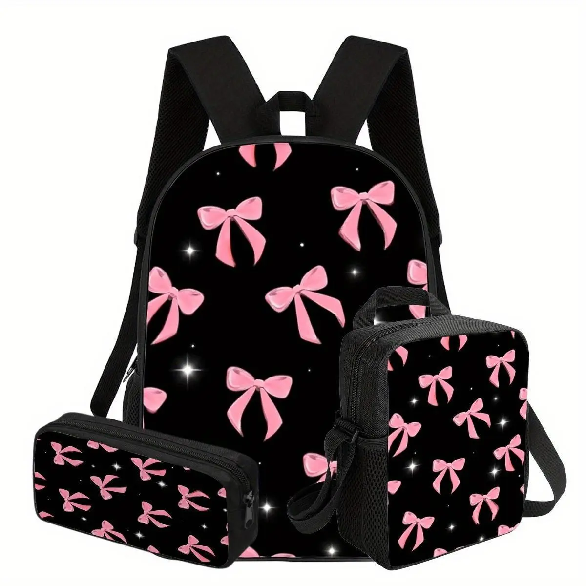 Sweet 3-piece bow backpack set, 17-inch schoolbag, functional lunch bag and zip-up pencil case, stylish fringed bow details, perfect for urban adventures, parties and holiday gifts