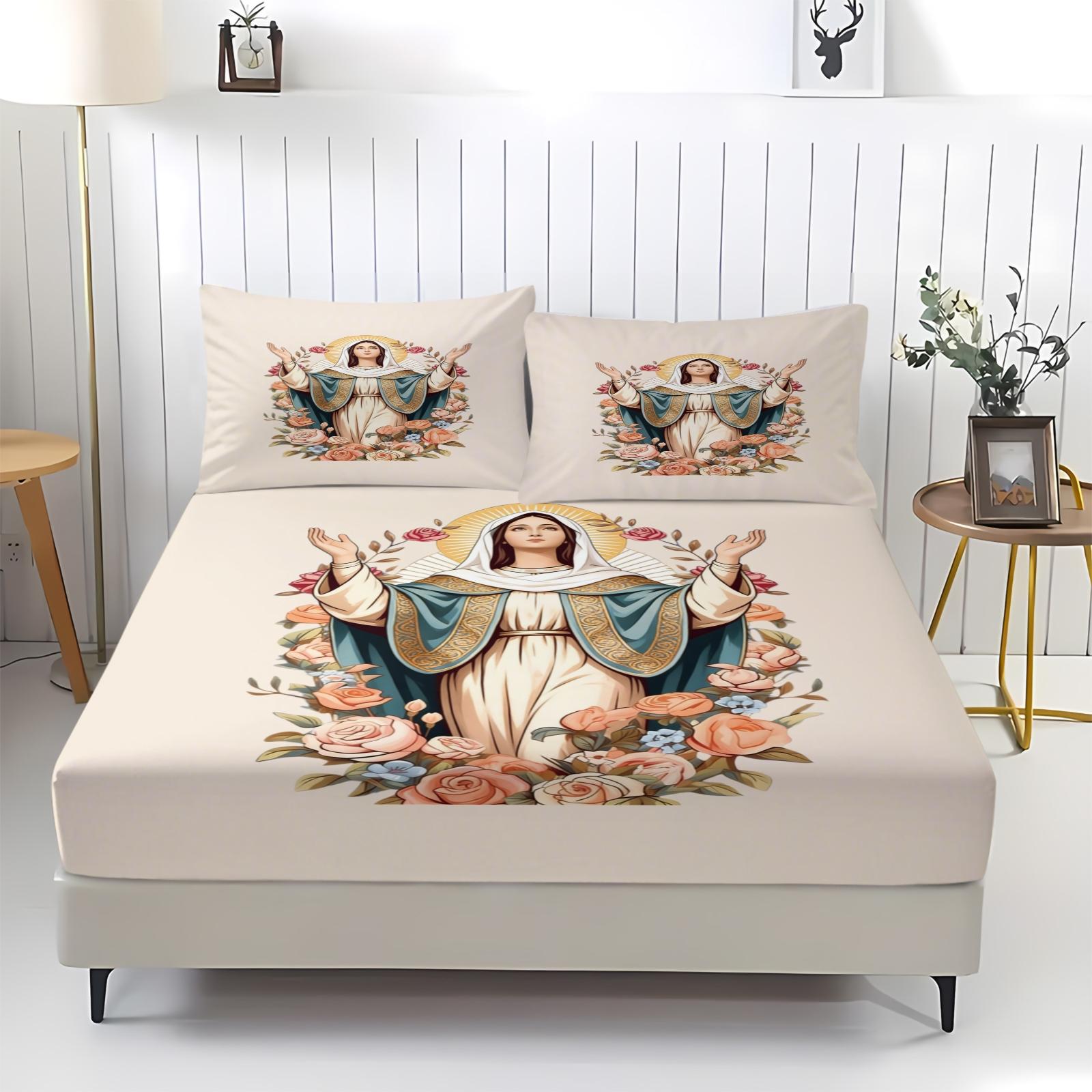 Guadalupe Virgin Mary Pattern Bed Sheet, Comfortable Printed Pattern, Includes 1 Bed Sheet and 2 Pillowcases, Comfortable Bedding, Non slip Dust Cover Suitable for Bedroom and Guest Room, Suitable for Children or Adults as Gifts