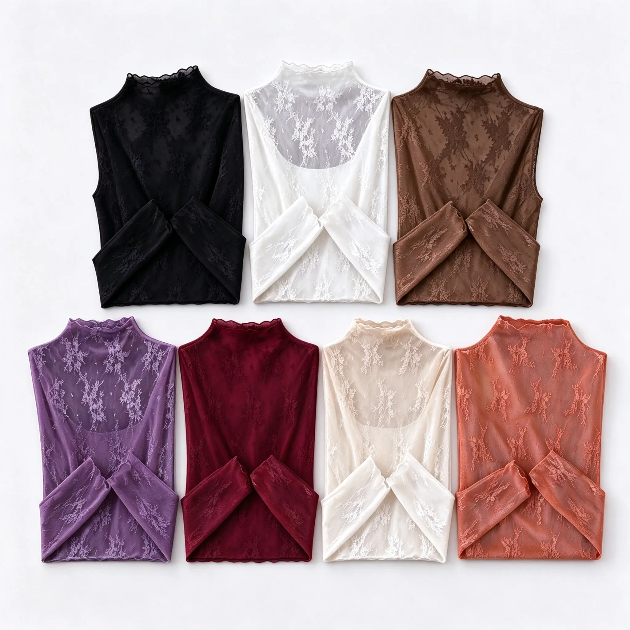 Women's 7-Pack 2026 Floral Lace Mesh Long-Sleeve Tight-Fit Innerwear Top - Sexy, Chic, Fashion Outfits, Elegance, Stretchy, Soft, Breathable, Lightweight, Spring-Autumn Layering, US-Designed Sports & Outdoor Essential,outdoorfun