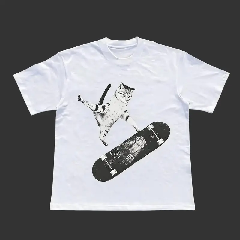 Skateboarding Cat T-Shirt, Y2k Cat Shirt, Animal Tee, Gifts Shirt, Unisex Vintage Graphic Tees Gothic Grunge Y2k Emo Scene Amity Affliction Style Clothes Men Women Streetwear