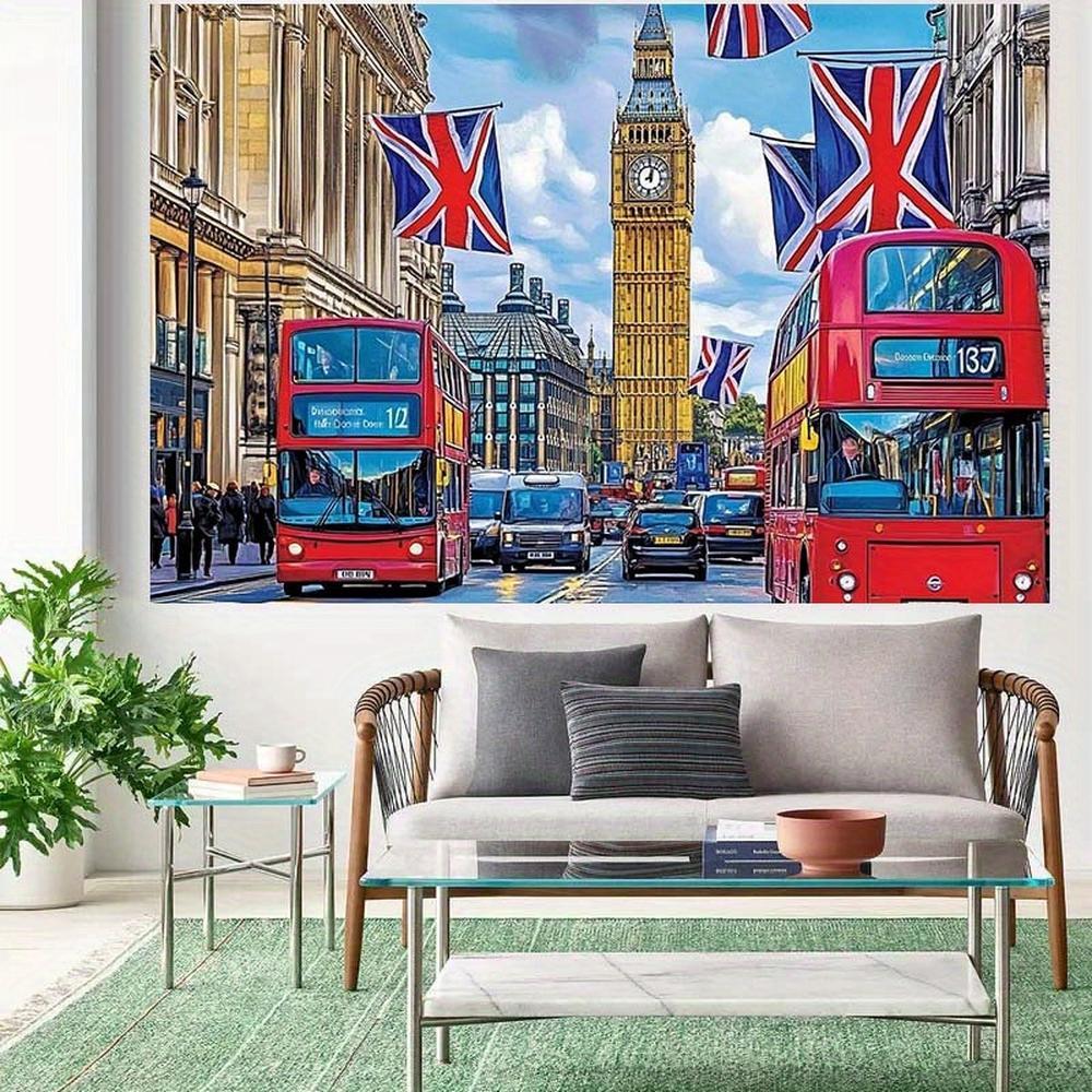 2D Flat British-Themed Party Backdrop Banner, Big Ben, Red Buses & Union Jack Flags Design, Durable Polyester for St. George's Day, Photography Props & Events