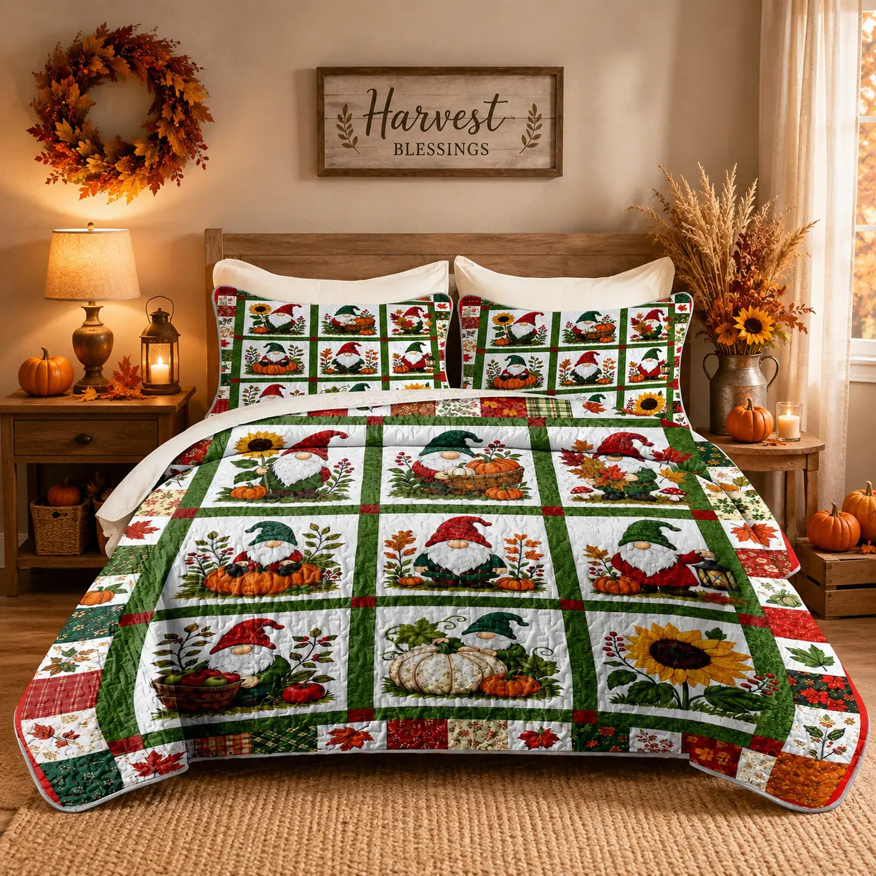 Back to School 3-Piece Autumn Gnome Pumpkin & Sunflower Quilt Set, Patchwork Quilt Sets, Farmhouse Patchwork Bedspread with 2 Pillow Shams, Soft Lightweight Fade-Resistant All-Season Bedding for Queen/King Beds, Thanksgiving Bedroom Decor