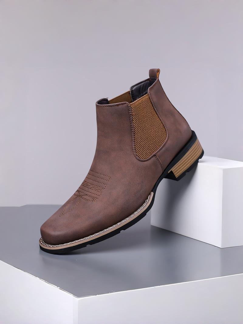 Men Low Heeled Bare Boots With PU Embroidery Pattern Square Toe Classic  Comfortable Men Western Cowboy Boots