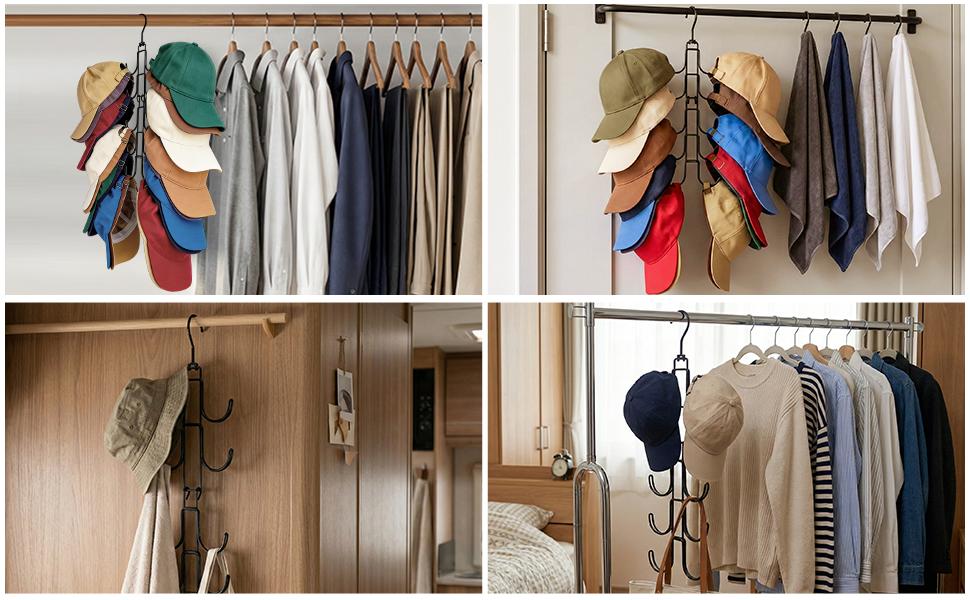 Hat Hangers for Closet, Hat Organizer for Baseball Caps, Stainless Steel Hat Rack with 10 Hooks for Caps Storage and Closet Organization (Black)