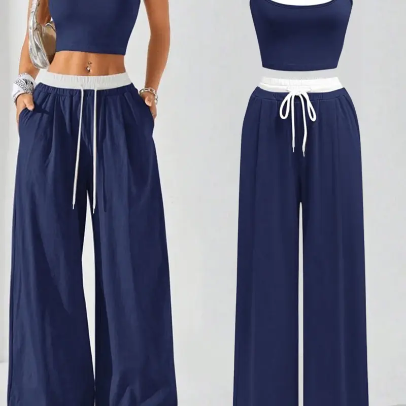 【Black Friday】Women's Colorblock 2-In-1 Cami Top & Wide-Leg Pants Set, Casual Sleeveless Top & Pocket Trousers, Ladies Summer Clothes, Stretchy Outfit