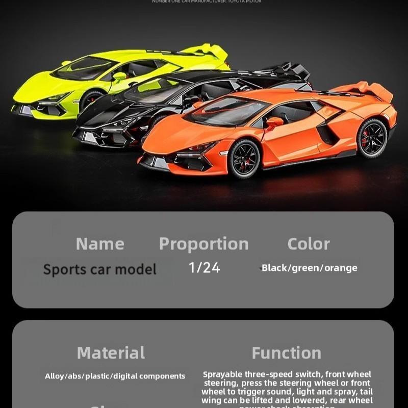 Alloy Sports Car Model, Scale Model Car, Collector Model Car, Manual Scissor Door, Smoke Effect, Sound Light, Adjustable Rear Wing, Shock Absorption, Gift Box