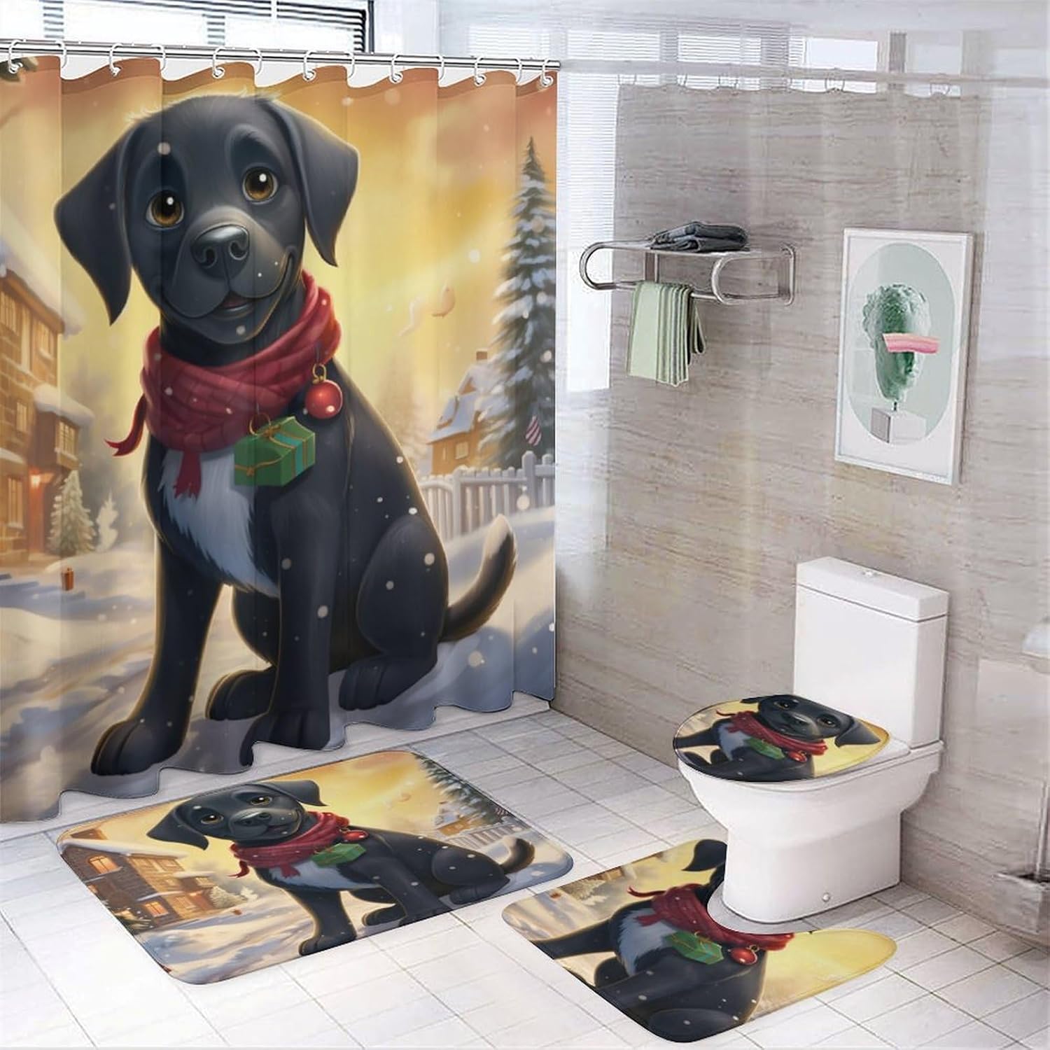 It's Just Chicken Time Shower Curtain 4 Piece Set Bathroom Shower Curtain Set with Rugs Rooster Chicken Holiday Durable and Waterproof for Bathroom Decor