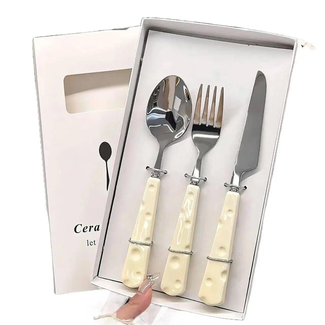 304 Thickened Stainless Steel Food Grade Knife Fork Spoon, Ceramic Cute High Aesthetic Luxury Western Dining Cutlery, Dessert Spoon