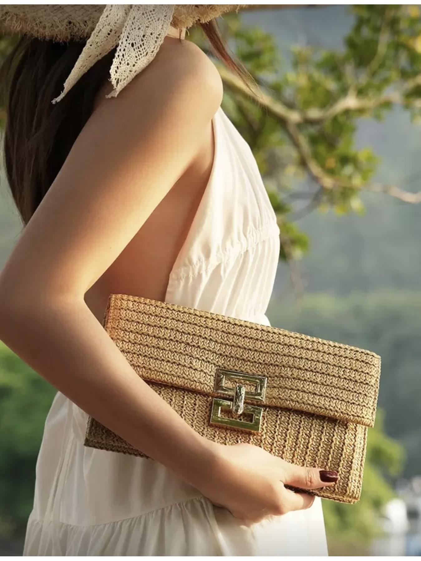 Multi-layer Twist Lock Flap Gold Handbag Casual Shoulder Bag Woven Design Ideal for Beach Getaway and Christmas New Year Presents