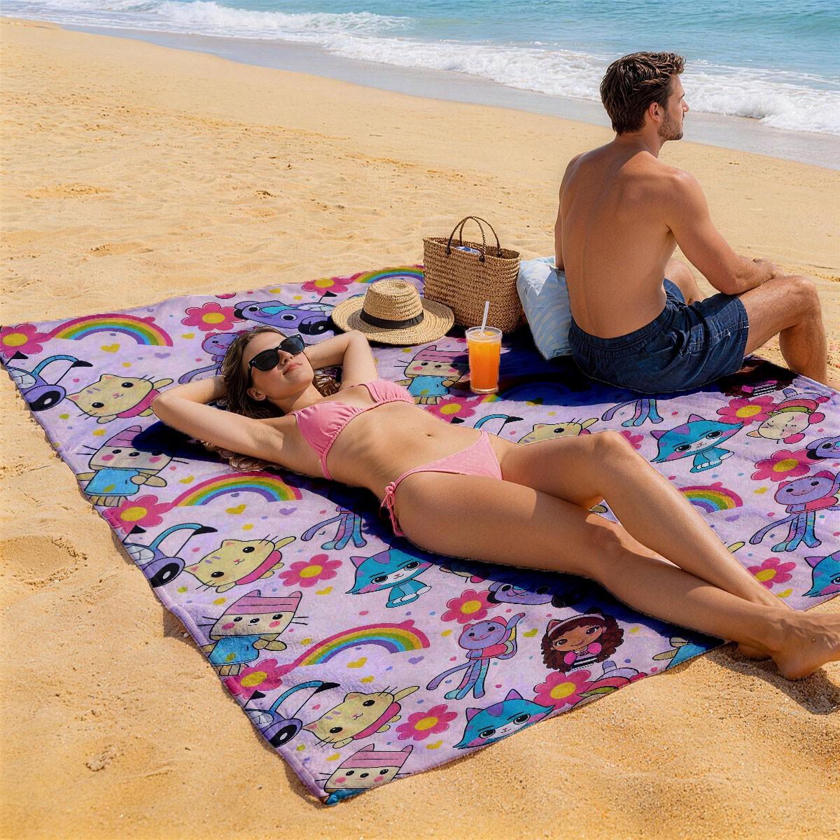 A Gabby's Dollhouse Cartoon Characters Rainbow All-over Printed Beach Towel - Oversized, Skin-friendly, Absorbent and Quick-drying, Perfect for Beach and Pool Leisure, Ideal for Summer Trips - Suitable for Seaside Vacations, Pool Parties and Outdoor Picni