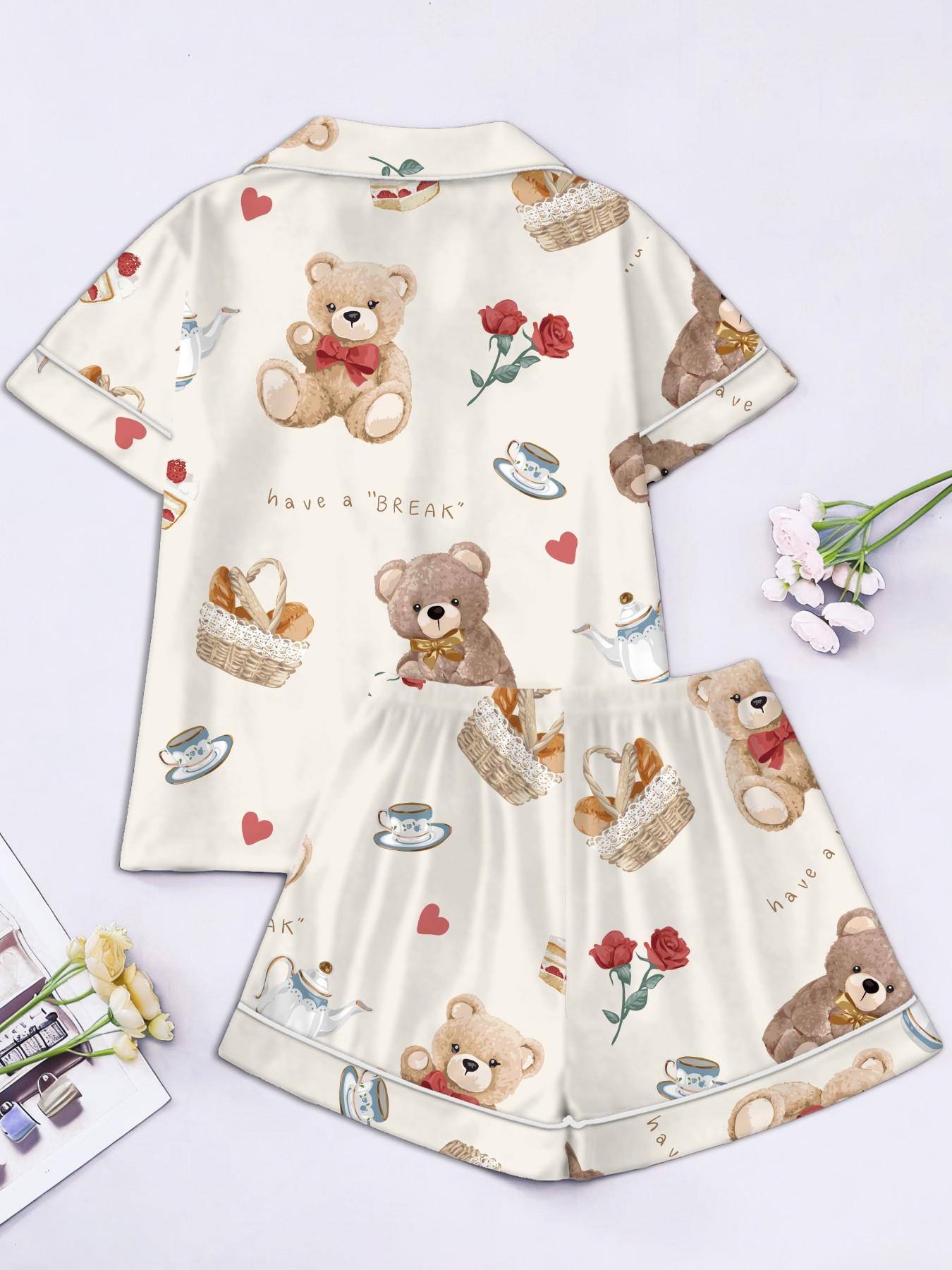 Women's Short Sleeve Button Down Top and Shorts Pajama Set, Spring Summer Wear, For French Romantic Lovers, White Base Rose Teddy Bear Print, Classic Lapel Collar, Loose Fit, Comfortable For Home & Travel