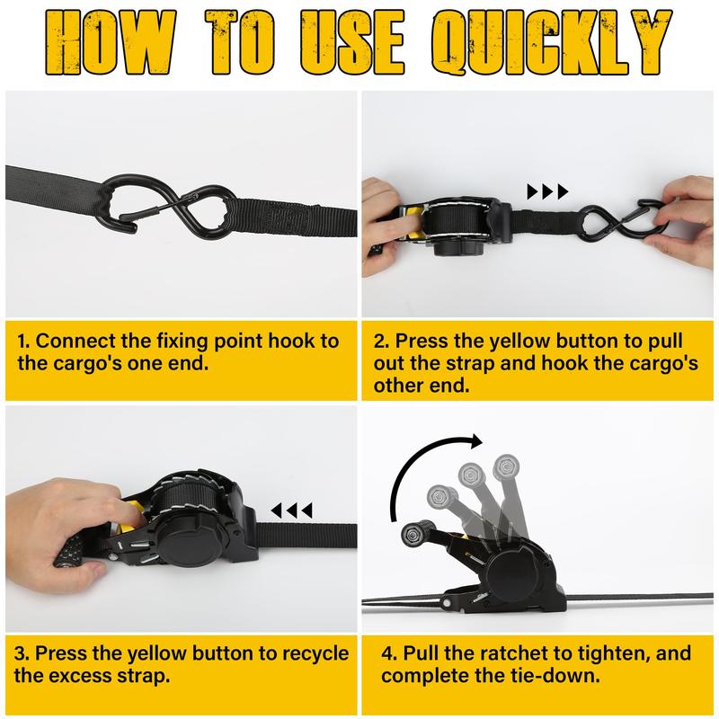 1x100 Retractable Ratchet Tie Down Straps Heavy Duty with Soft Loops Non Slip No Tangle for Motorcycle Cargo Trailer and Truck Transport Durable Nylon Rope Adjustable Ropes