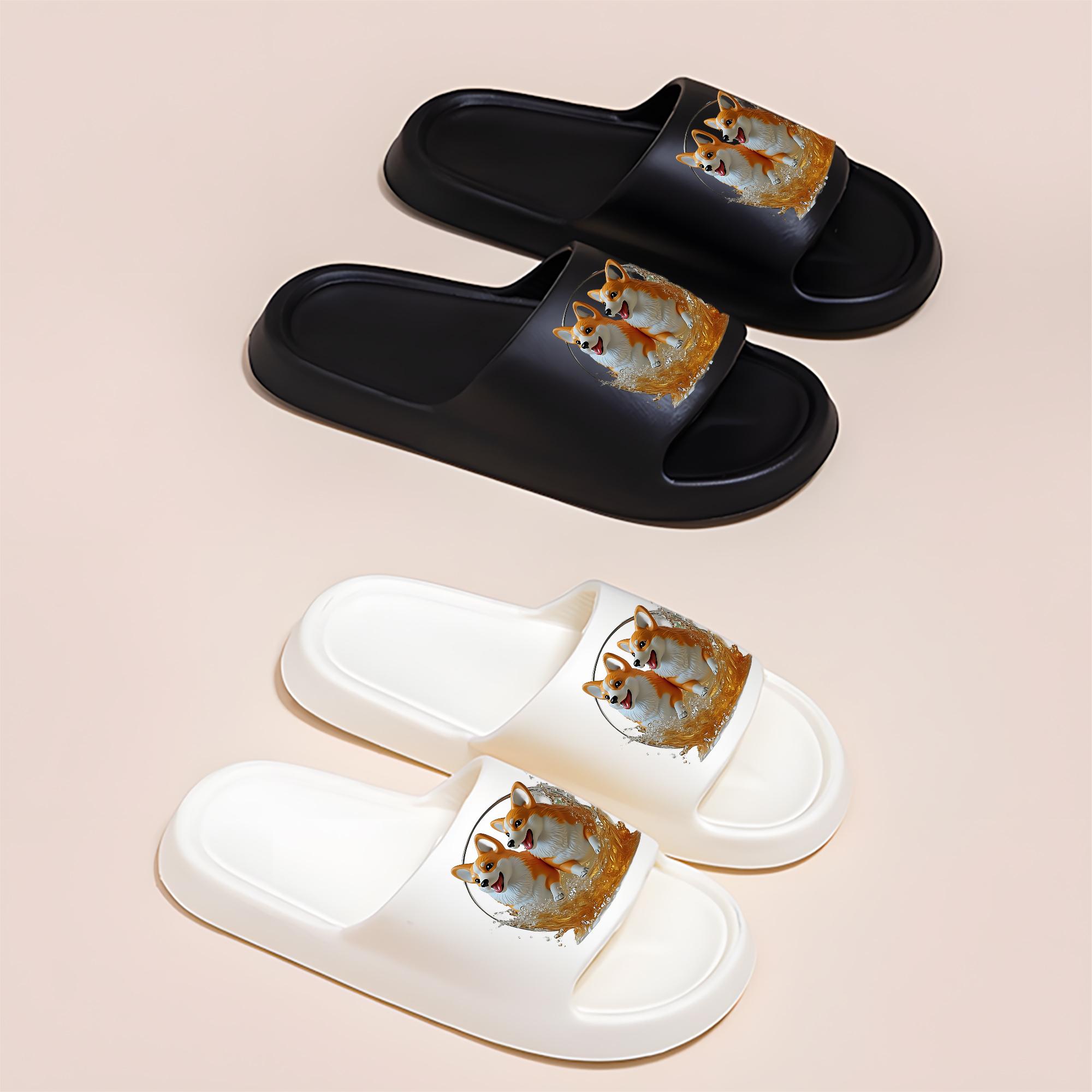 Corgi Playing in Water Print Slippers, Soft Sole Non-slip Home Slippers, Indoor and Outdoor Universal Cloud-like Slippers, Unisex Breathable Summer Slippers, Cute Dog Pattern Slippers Suitable for