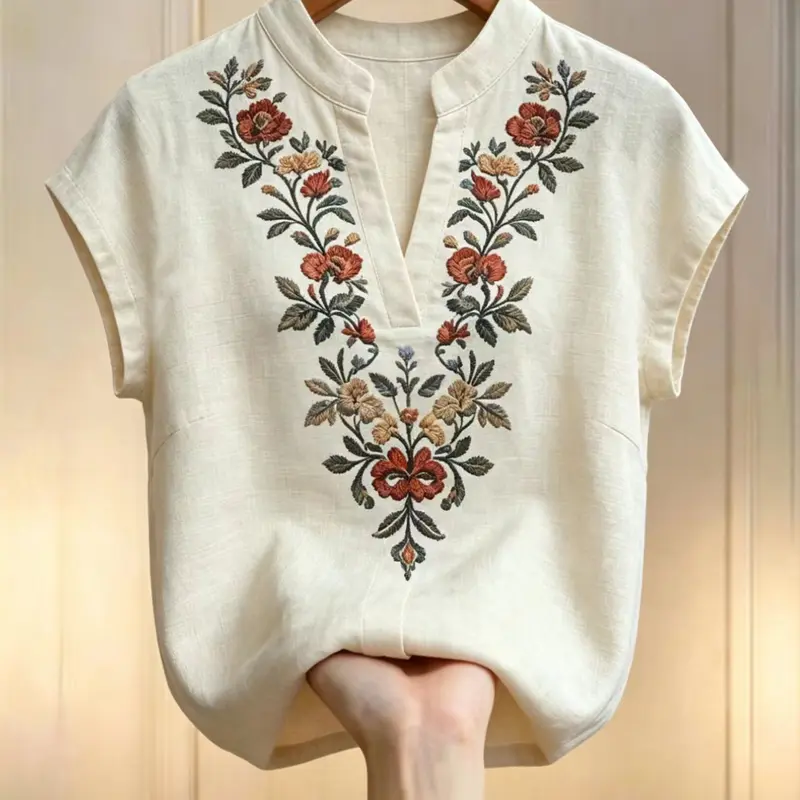 Plus Size Women's Casual V-Neck Print Shirt Blouse, Drop Shoulder Short Sleeve, Loose-Fitting, Ideal for Daily Wear, Vacation, Home
