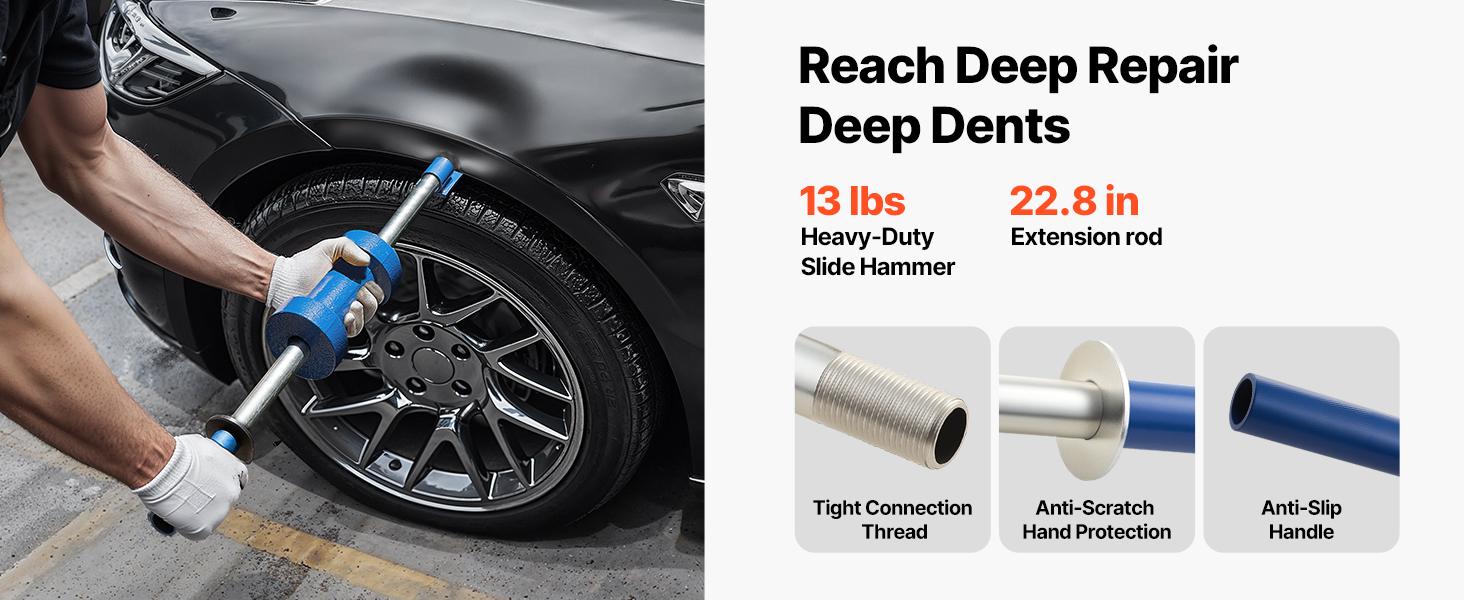 VEVOR Heavy-Duty Paintless Dent Removal Kit, 13 lbs 14-in-1 Slide Hammer Tool for Cars & Trucks, Hardened Metal Auto Body Repair with Curved Hooks, Extension Rod, Non-Slip Handle, Carrying Case, Multiple Tools, No Shop Visit Required