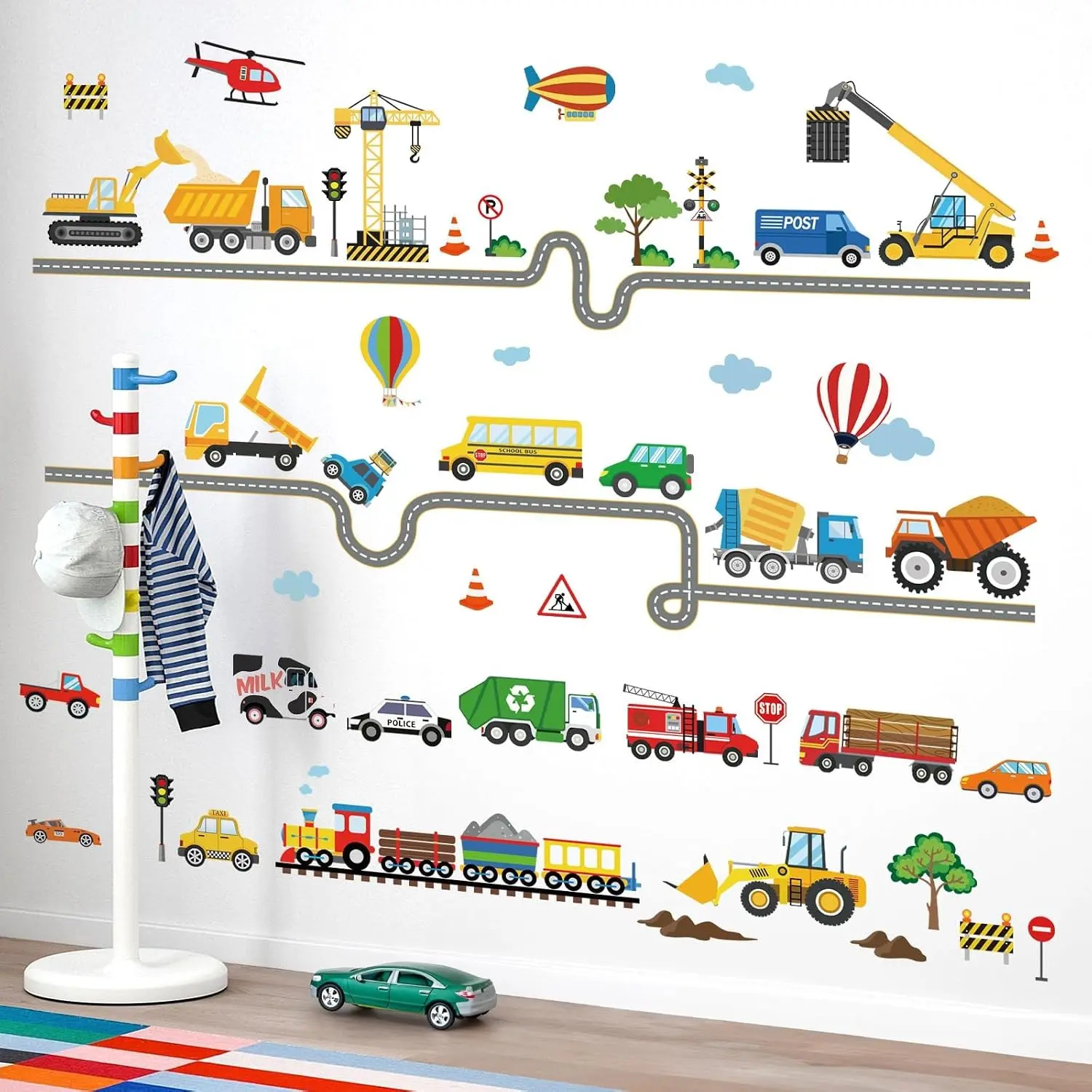 Car Road Construction Truck Wall Stickers - Vehicles Transport Wall Decals for Baby Nursery, Kids Bedroom & Playroom Decor(Gift)