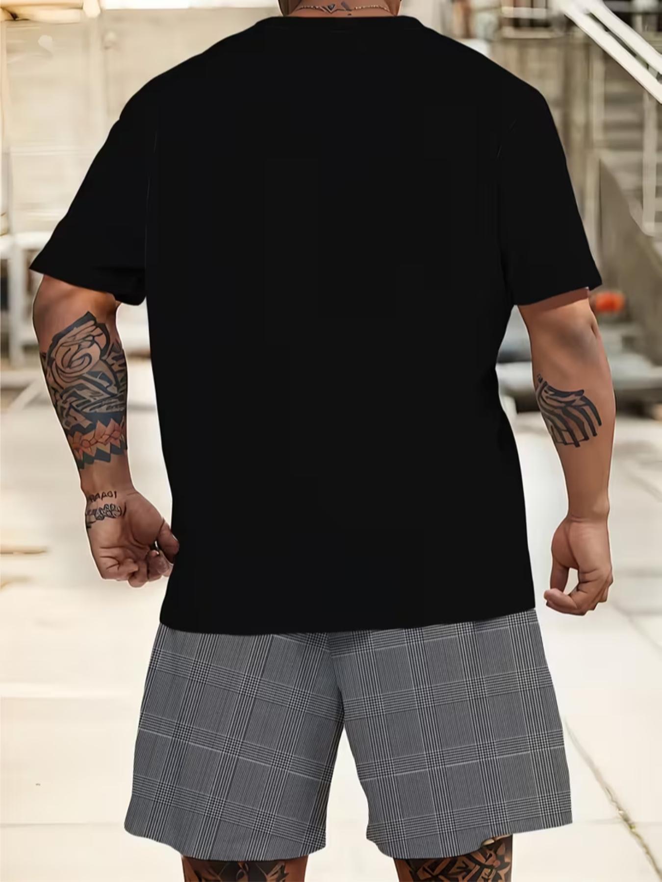 Men's Large Size Casual Athleisure Street Fit Sportswear Set, Plaid T-Shirt Top and Shorts 2-Piece Set, Perfect for Travel, Loose-Fit, All Seasons