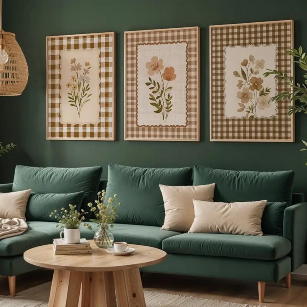 3 Pieces Optional Wooden Frame Nostalgic Wall Poster Classic Rustic Wildflower Art Print Brown Plaid Floral Canvas Painting Art Bedroom Hallway Decor Corridor Entryway Wall Embellishment Physical Photo Frame Adaptable Poster