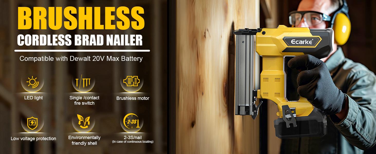 Cordless 18GA  5/8 to 1-1/4 Inch Brad Nailer for Dewalt 20V, 【Battery NOT Included】, 2 Mode 18 Gauge Nail Gun with 1000 Nials for Wood Carpentry, Brushless