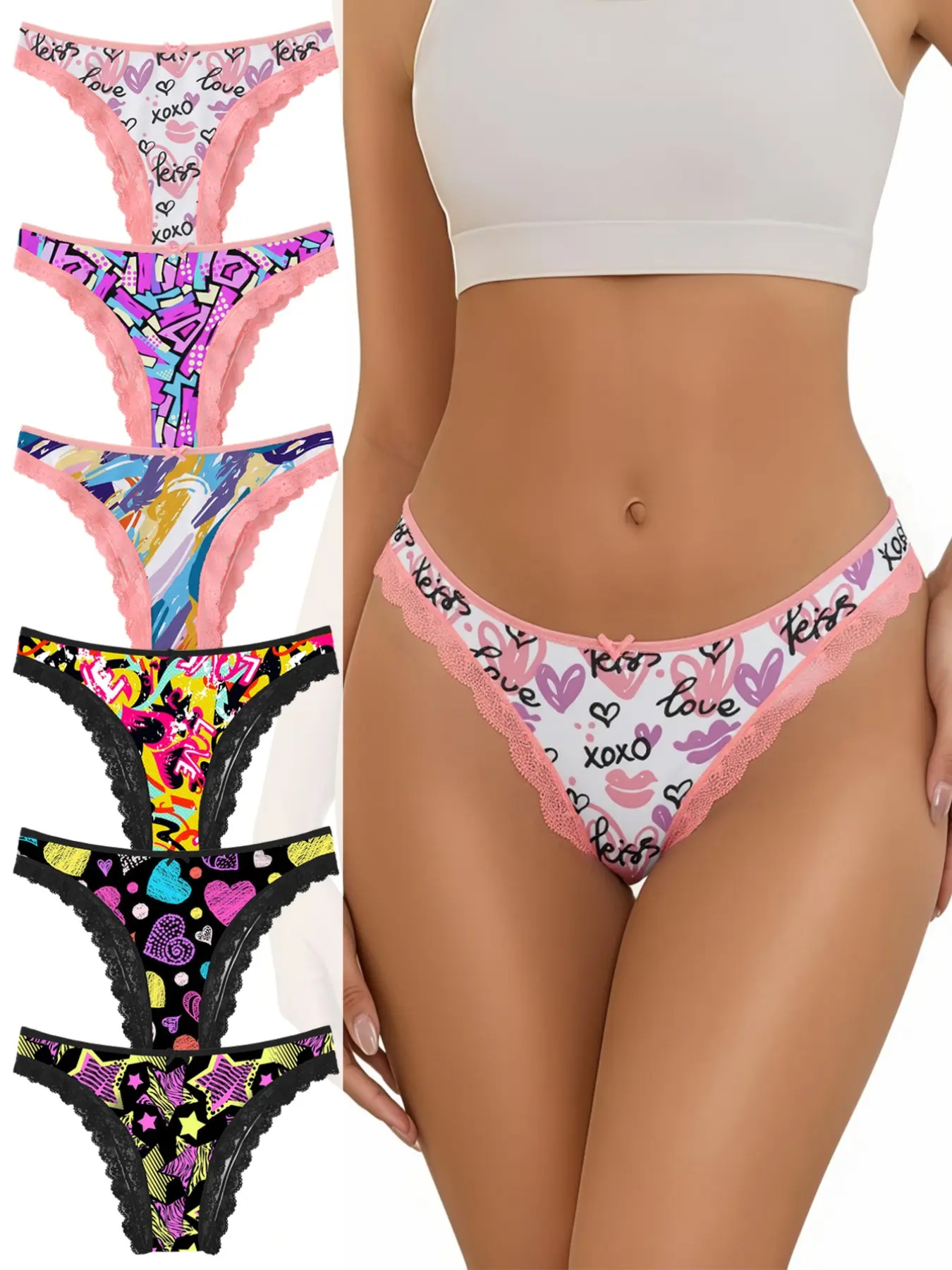 Morvia 6 Pack Women’s Lace Panties, Sexy Cute Printed Bikini Briefs, Soft Stretch Underwear, Fitted All Seasons Wear, Plain Surface Design